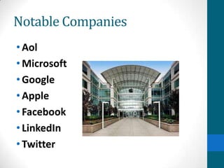 Notable Companies
•Aol
•Microsoft
•Google
•Apple
•Facebook
•LinkedIn
•Twitter
 