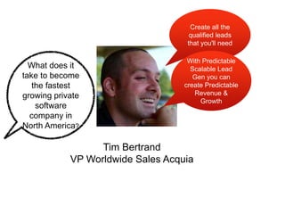 Tim Bertrand
VP Worldwide Sales Acquia
What does it
take to become
the fastest
growing private
software
company in
North America?
Create all the
qualified leads
that you'll need
With Predictable
Scalable Lead
Gen you can
create Predictable
Revenue &
Growth
 