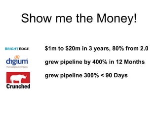 Show me the Money!
$1m to $20m in 3 years, 80% from 2.0
grew pipeline by 400% in 12 Months
grew pipeline 300% < 90 Days
 
