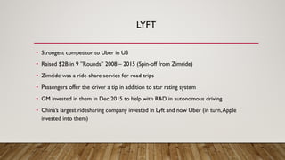 LYFT
• Strongest competitor to Uber in US
• Raised $2B in 9 ”Rounds” 2008 – 2015 (Spin-off from Zimride)
• Zimride was a ride-share service for road trips
• Passengers offer the driver a tip in addition to star rating system
• GM invested in them in Dec 2015 to help with R&D in autonomous driving
• China’s largest ridesharing company invested in Lyft and now Uber (in turn,Apple
invested into them)
 
