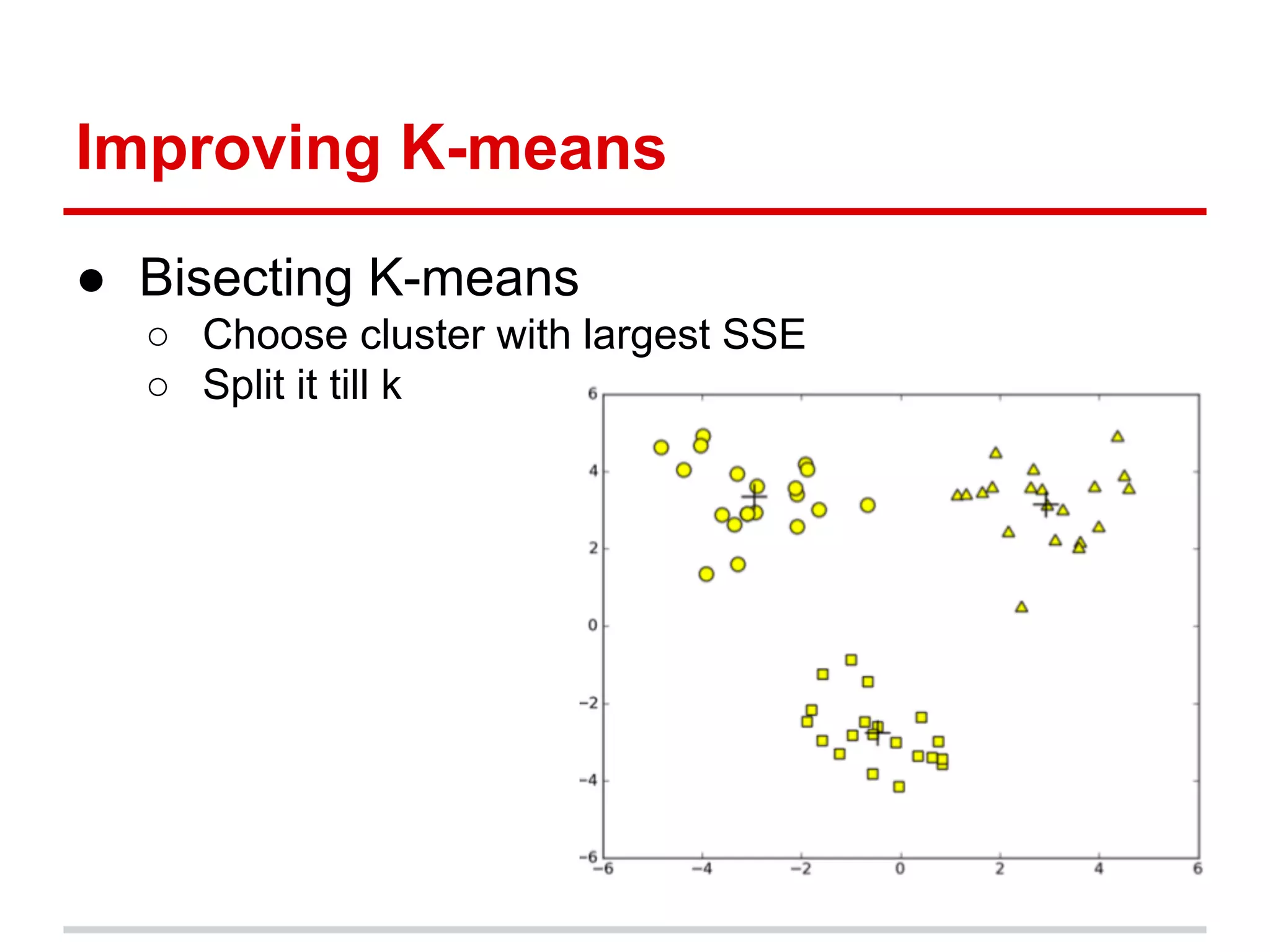 Improving K-means
● Bisecting K-means
○ Choose cluster with largest SSE
○ Split it till k
 