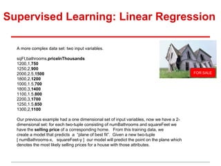 Supervised Learning: Linear Regression
A more complex data set: two input variables.
sqFt,bathrooms,priceInThousands
1200,1,750
1250,2,900
2000,2.5,1500
1800,2,1200
1000,1.5,700
1800,3,1400
1100,1.5,800
2200,3,1700
1250,1.5,850
1300,2,1100
Our previous example had a one dimensional set of input variables, now we have a 2-
dimensional set: for each two-tuple consisting of numBathrooms and squareFeet we
have the selling price of a corresponding home. From this training data, we
create a model that predicts a “plane of best fit”. Given a new two-tuple
[ numBathrooms-x, squareFeet-y ] our model will predict the point on the plane which
denotes the most likely selling prices for a house with those attributes.
FOR SALE
 