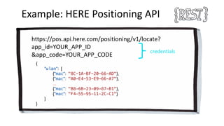 Example:	HERE	Positioning API
https://pos.api.here.com/positioning/v1/locate?
app_id=YOUR_APP_ID
&app_code=YOUR_APP_CODE
credentials
{
"wlan": [
{"mac": "8C-1A-BF-20-66-AD"},
{"mac": "A0-E4-53-E9-66-A7"},
...
{"mac": "B8-6B-23-09-87-B1"},
{"mac": "F4-55-95-11-2C-C1"}
]
}
 
