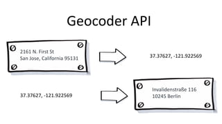 Geocoder API
37.37627,	-121.922569
2161	N.	First	St
San	Jose,	California	95131
Invalidenstraße 116
10245	Berlin37.37627,	-121.922569
 