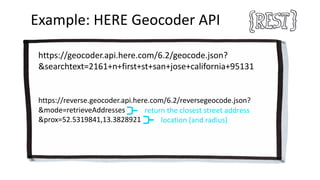 https://reverse.geocoder.api.here.com/6.2/reversegeocode.json?
&mode=retrieveAddresses
&prox=52.5319841,13.3828921
Example:	HERE	Geocoder API
https://geocoder.api.here.com/6.2/geocode.json?	
&searchtext=2161+n+first+st+san+jose+california+95131
return	the	closest	street	address
location	(and	radius)
 