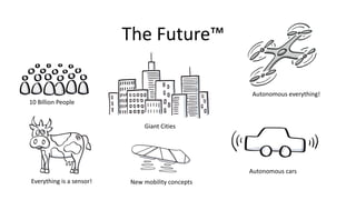 The	Future™
10	Billion	People
Giant	Cities
Autonomous cars
Autonomous everything!
Everything is a	sensor! New	mobility concepts
 