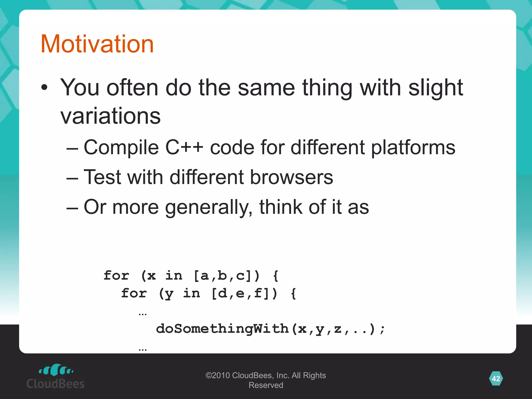 Integration with VMWareSimilar mechanism exists with VMWareCreate a pool of virtual machines upfrontJenkins powers them up/down based on loadOptionally revert to snapshot at the endAchieves benefits similar to EC2 without going publicNectarFeature