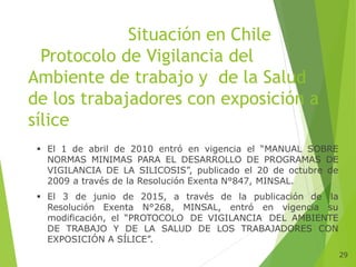  El 1 de abril de 2010 entró en vigencia el “MANUAL SOBRE
NORMAS MINIMAS PARA EL DESARROLLO DE PROGRAMAS DE
VIGILANCIA DE LA SILICOSIS”, publicado el 20 de octubre de
2009 a través de la Resolución Exenta N°847, MINSAL.
 El 3 de junio de 2015, a través de la publicación de la
Resolución Exenta N°268, MINSAL, entró en vigencia su
modificación, el “PROTOCOLO DE VIGILANCIA DEL AMBIENTE
DE TRABAJO Y DE LA SALUD DE LOS TRABAJADORES CON
EXPOSICIÓN A SÍLICE”.
Situación en Chile
Protocolo de Vigilancia del
Ambiente de trabajo y de la Salud
de los trabajadores con exposición a
sílice
29
 