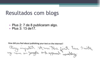 Resultados com blogs Plus 2: 7 de 8 publicaram algo. Plus 3: 13 de17. 