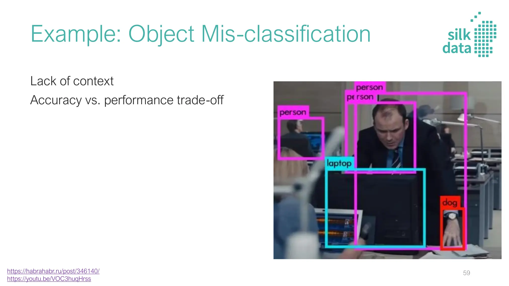 Example: Object Mis-classification
Lack of context
Accuracy vs. performance trade-off
https://habrahabr.ru/post/346140/
https://youtu.be/VOC3huqHrss
59
 