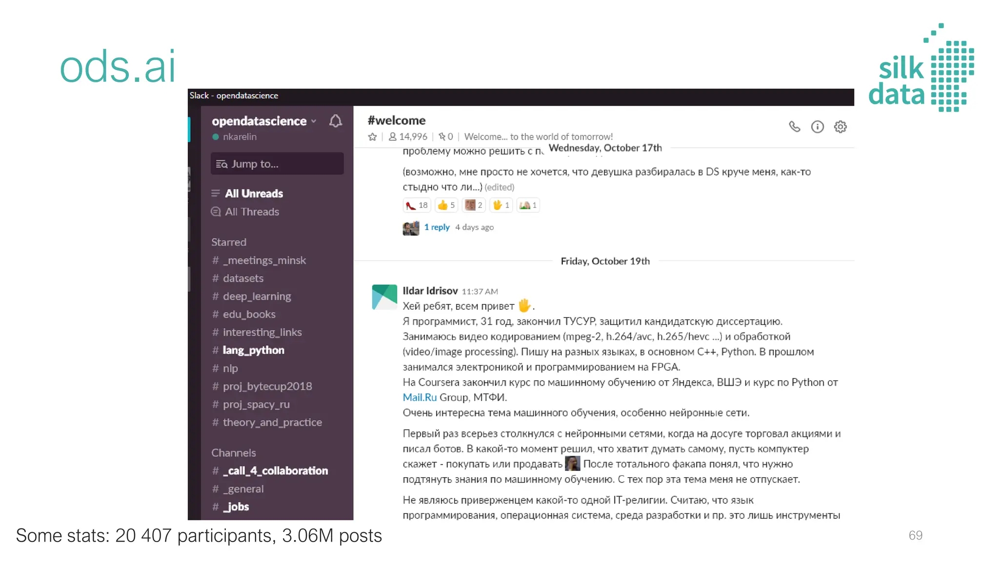 ods.ai
Some stats: 20 407 participants, 3.06М posts 69
 