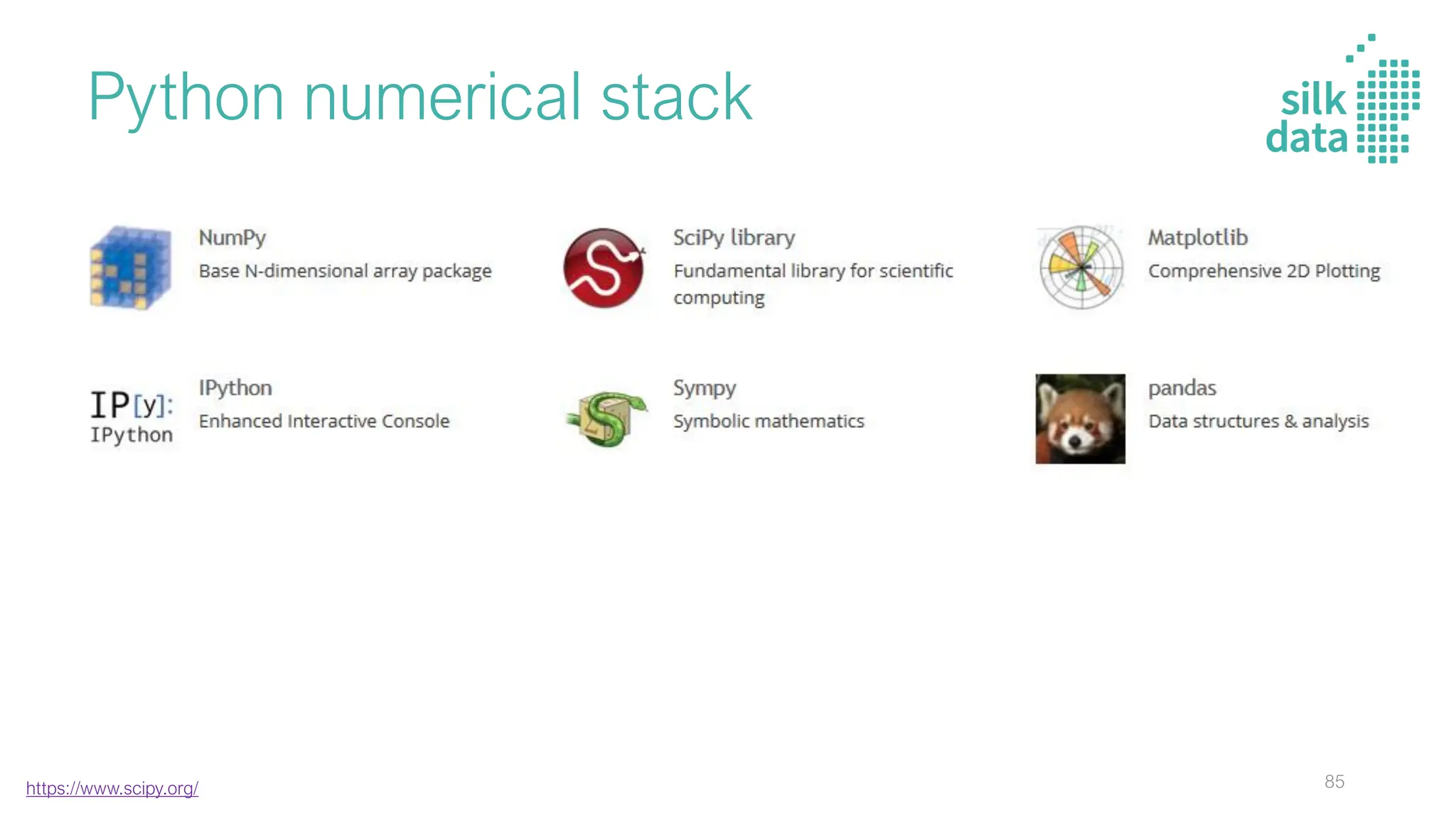 Python numerical stack
https://www.scipy.org/ 85
 