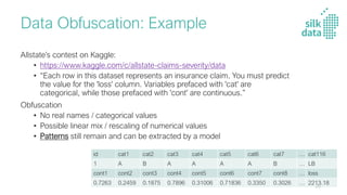 Data Obfuscation: Example
Allstate’s contest on Kaggle:
• https://www.kaggle.com/c/allstate-claims-severity/data
• “Each row in this dataset represents an insurance claim. You must predict
the value for the 'loss' column. Variables prefaced with 'cat' are
categorical, while those prefaced with 'cont' are continuous.”
Obfuscation
• No real names / categorical values
• Possible linear mix / rescaling of numerical values
• Patterns still remain and can be extracted by a model
id cat1 cat2 cat3 cat4 cat5 cat6 cat7 … cat116
1 A B A A A A B … LB
cont1 cont2 cont3 cont4 cont5 cont6 cont7 cont8 … loss
0.7263 0.2459 0.1875 0.7896 0.31006 0.71836 0.3350 0.3026 … 2213.18
20
 