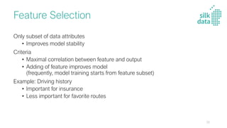 Feature Selection
Only subset of data attributes
• Improves model stability
Criteria
• Maximal correlation between feature and output
• Adding of feature improves model
(frequently, model training starts from feature subset)
Example: Driving history
• Important for insurance
• Less important for favorite routes
22
 