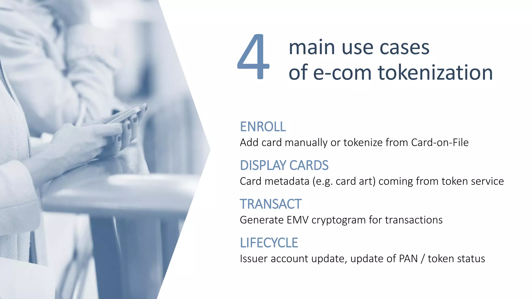 main use cases
of e-com tokenization4
ENROLL
Add card manually or tokenize from Card-on-File
DISPLAY CARDS
Card metadata (e.g. card art) coming from token service
TRANSACT
Generate EMV cryptogram for transactions
LIFECYCLE
Issuer account update, update of PAN / token status
 