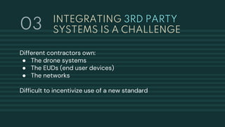 INTEGRATING 3RD PARTY
SYSTEMS IS A CHALLENGE
Different contractors own:
● The drone systems
● The EUDs (end user devices)
● The networks
Difficult to incentivize use of a new standard
03
 