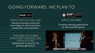 PARTICIPATE IN H4X LABS
Develop business model and
technology for demonstrations,
production, and acquisition
APPLY FOR SIBRS
Currently working applications
for DoD and NSF grants
GOING FORWARD, WE PLAN TO
PERFORM CUSTOMER
DISCOVERY FOR DUAL USE
APPLICATIONS
Applications in security, fire,
gaming, agriculture
RAISE SEED
FUNDING!
 