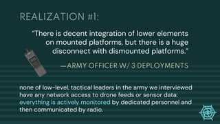 —ARMY OFFICER W/ 3 DEPLOYMENTS
“There is decent integration of lower elements
on mounted platforms, but there is a huge
disconnect with dismounted platforms.”
REALIZATION #1:
none of low-level, tactical leaders in the army we interviewed
have any network access to drone feeds or sensor data:
everything is actively monitored by dedicated personnel and
then communicated by radio.
 