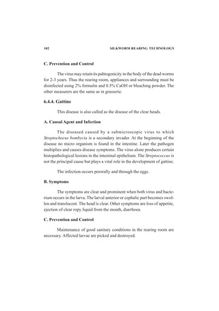 102 SILKWORM REARING TECHNOLOGY
C. Prevention and Control
The virus may retain its pahtogenicity in the body of the dead worms
for 2-3 years. Thus the rearing room, appliances and surrounding must be
disinfected using 2% formalin and 0.5% CaOH or bleaching powder. The
other measurers are the same as in grasserie.
6.4.4. Gattine
This disease is also called as the disease of the clear heads.
A. Causal Agent and Infection
The diseased caused by a submicroscopic virus to which
Streptochocus bombycia is a secondary invader. At the beginning of the
disease no micro organism is found in the intestine. Later the pathogen
multiplies and causes disease symptoms. The virus alone produces certain
histopathological lesions in the intestinal epithelium. The Streptococcus is
not the principal cause but plays a vital role in the development of gattine.
The infection occurs perorally and through the eggs.
B. Symptoms
The symptoms are clear and prominent when both virus and bacte-
rium occurs in the larva. The larval anterior or cephalic part becomes swol-
len and translucent. The head is clear. Other symptoms are loss of appetite,
ejection of clear ropy liquid from the mouth, diarrhoea.
C. Prevention and Control
Maintenance of good sanitary conditions in the rearing room are
necessary. Affected larvae are picked and destroyed.
 