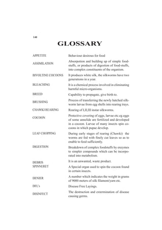 APPETITE
ASSIMILATION
BIVOLTINE COCOONS
BLEACHING
BREED
BRUSHING
CHAWKI REARING
COCOON
LEAF CHOPPING
DIGESTION
DEBRIS
SPINNERET
DENIER
DFL’s
DISINFECT
GLOSSARY
Behaviour desirous for food
Absorpotion and building up of simple food-
stuffs, or products of digestion of food-stuffs,
into complex constituents of the organism.
It produces white silk, the silkworms have two
generations in a year.
It is a chemical process involved in eliminating
harmful micro-organisms.
Capability to propagate, give birth to.
Process of transferring the newly hatched silk-
worm larvae from egg shells into rearing trays.
Rearing of I,II,III instar silkworms.
Protective covering of eggs, larvae etc.eg.eggs
of some annelide are fertilized and developed
in a cocoon. Larvae of many insects spin co-
coons in which pupae develop.
During early stages of rearing (Chawki) the
worms are fed with finely cut leaves so as to
enable to feed sufficiently.
Breakdown of complex foodstuffs by enzymes
to simpler compounds which can be incorpo-
rated into metabolism.
It is an unwanted, waste product.
A Special organ used to spin the cocoon found
in certain insects.
A number which indicates the weight in grams
of 9000 meters of silk filament/yarn etc.
Disease Free Layings.
The destruction and extermination of disease
causing germs.
140
 
