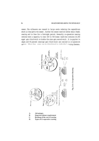 Fig.2.11.Co-operativeRearing
rearer.The silkworms are reared in large scale reducing the expenditure
whichischargedtotherearer.furthertherearerneednotbotheraboutchawki
rearing and is free for a fortnight period. Generally co-operative rearing
centres have a capacity to rear 200 to 500 boxes (each box contains 20,000
eggs)uptothirdmoultorboublethesizeuptosecondmoult.Itispopularin
Japan and 90 percent rearings upto third moult are carried in co-operative
centres. After then, worms are be distributed to individual rearing farmers.
A. Advantages
B. Stagewise labour requirement
C. Breakup of the cost of rearing
D. Types of Co-operative rearing
36 SILKWORM REARING TECHNOLOGY
 