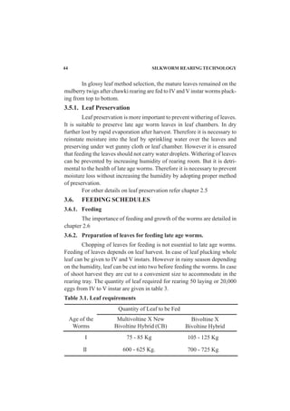 44 SILKWORM REARING TECHNOLOGY
In glossy leaf method selection, the mature leaves remained on the
mulberry twigs after chawki rearing are fed to IV and V instar worms pluck-
ing from top to bottom.
3.5.1. Leaf Preservation
Leaf preservation is more important to prevent withering of leaves.
It is suitable to preserve late age worm leaves in leaf chambers. In dry
further lost by rapid evaporation after harvest. Therefore it is necessary to
reinstate moisture into the leaf by sprinkling water over the leaves and
preserving under wet gunny cloth or leaf chamber. However it is ensured
that feeding the leaves should not carry water droplets. Withering of leaves
can be prevented by increasing humidity of rearing room. But it is detri-
mental to the health of late age worms. Therefore it is necessary to prevent
moisture loss without increasing the humidity by adopting proper method
of preservation.
For other details on leaf preservation refer chapter 2.5
3.6. FEEDING SCHEDULES
3.6.1. Feeding
The importance of feeding and growth of the worms are detailed in
chapter 2.6
3.6.2. Preparation of leaves for feeding late age worms.
Chopping of leaves for feeding is not essential to late age worms.
Feeding of leaves depends on leaf harvest. In case of leaf plucking whole
leaf can be given to IV and V instars. However in rainy season depending
on the humidity, leaf can be cut into two before feeding the worms. In case
of shoot harvest they are cut to a convenient size to accommodate in the
rearing tray. The quantity of leaf required for rearing 50 laying or 20,000
eggs from IV to V instar are given in table 3.
Table 3.1. Leaf requirements
Quantity of Leaf to be Fed
Age of the
Worms
Multivoltine X New
Bivoltine Hybrid (CB)
Bivoltine X
Bivoltine Hybrid
I
II
75 - 85 Kg
600 - 625 Kg.
105 - 125 Kg
700 - 725 Kg
 