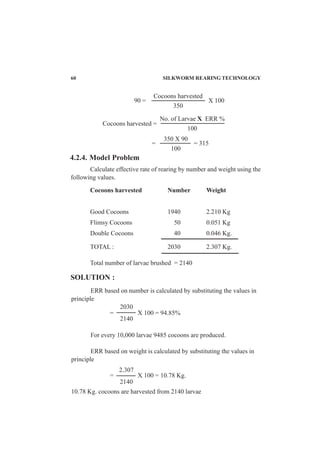 60 SILKWORM REARING TECHNOLOGY
Cocoons harvested
350
90 = X 100
No. of Larvae X ERR %
100
Cocoons harvested =
350 X 90
100
= = 315
4.2.4. Model Problem
Calculate effective rate of rearing by number and weight using the
following values.
Cocoons harvested Number Weight
Good Cocoons 1940 2.210 Kg
Flimsy Cocoons 50 0.051 Kg
Double Cocoons 40 0.046 Kg.
TOTAL : 2030 2.307 Kg.
Total number of larvae brushed = 2140
SOLUTION :
ERR based on number is calculated by substituting the values in
principle
= X 100 = 94.85%
For every 10,000 larvae 9485 cocoons are produced.
ERR based on weight is calculated by substituting the values in
principle
= X 100 = 10.78 Kg.
10.78 Kg. cocoons are harvested from 2140 larvae
2030
2140
2.307
2140
 