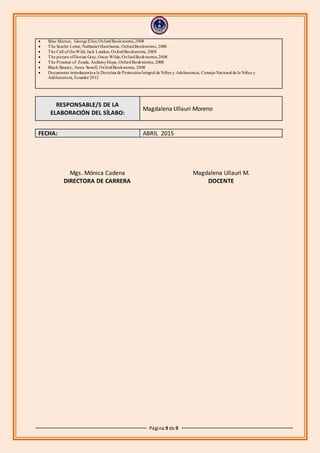 Página 9 de 9
 Silas Marner, George Eliot,OxfordBookworms,2008
 The Scarlet Letter, Nathaniel Hawthorne, OxfordBookworms, 2008
 The Call of theWild, Jack London, OxfordBookworms, 2008
 The picture ofDorian Gray,Oscar Wilde,OxfordBookworms,2008
 The Prisoner of Zenda, AnthonyHope, OxfordBookworms, 2008
 Black Beauty, Anna Sewell, OxfordBookworms, 2008
 Documento introductorioa la Doctrina de ProtecciónIntegral de Niñez y Adolescencia, ConsejoNacional de la Niñez y
Adolescencia, Ecuador2012
RESPONSABLE/S DE LA
ELABORACIÓN DEL SÍLABO:
Magdalena Ullauri Moreno
FECHA: ABRIL 2015
Mgs. Mónica Cadena Magdalena Ullauri M.
DIRECTORA DE CARRERA DOCENTE
 