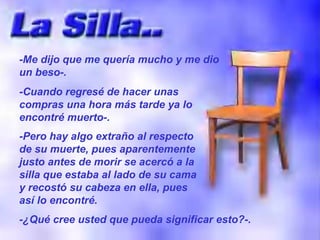 -Me dijo que me quería mucho y me dio un beso-. -Cuando regresé de hacer unas compras una hora más tarde ya lo encontré muerto-. -Pero hay algo extraño al respecto de su muerte, pues aparentemente justo antes de morir se acercó a la silla que estaba al lado de su cama y recostó su cabeza en ella, pues así lo encontré. -¿Qué cree usted que pueda significar esto?-. 