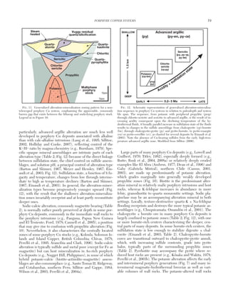 particularly, advanced argillic alteration are much less well
developed in porphyry Cu deposits associated with alkaline
than with calc-alkaline intrusions (Lang et al., 1995; Sillitoe,
2002; Holliday and Cooke, 2007), reflecting control of the
K+/H+ ratio by magma chemistry (e.g., Burnham, 1979). Spe-
cific opaque mineral assemblages are intrinsic parts of each
alteration type (Table 2; Fig. 12) because of the direct linkage
between sulfidation state, the chief control on sulfide assem-
blages, and solution pH, a principal control of alteration type
(Barton and Skinner, 1967; Meyer and Hemley, 1967; Ein-
audi et al., 2003; Fig. 12). Sulfidation state, a function of S fu-
gacity and temperature, changes from low through interme-
diate to high as temperature declines (Barton and Skinner,
1967; Einaudi et al., 2003). In general, the alteration-miner-
alization types become progressively younger upward (Fig.
12), with the result that the shallower alteration-mineraliza-
tion zones invariably overprint and at least partly reconstitute
deeper ones.
Sodic-calcic alteration, commonly magnetite bearing (Table
2), is normally rather poorly preserved at depth in some por-
phyry Cu deposits, commonly in the immediate wall rocks to
the porphyry intrusions (e.g., Panguna, Papua New Guinea
and El Teniente; Ford, 1978; Cannell et al., 2005), a position
that may give rise to confusion with propylitic alteration (Fig.
10). Nevertheless, it also characterizes the centrally located
zones of some porphyry Cu stocks (e.g., Koloula, Solomon Is-
lands and Island Copper, British Columbia; Chivas, 1978;
Perelló et al., 1995; Arancibia and Clark, 1996). Sodic-calcic
alteration is typically sulfide and metal poor (except for Fe as
magnetite) but can host mineralization in Au-rich porphyry
Cu deposits (e.g., Nugget Hill, Philippines), in some of which
hybrid potassic-calcic (biotite-actinolite-magnetite) assem-
blages are also commonplace (e.g., Santo Tomas II, Ridgeway,
and Cotabambas, southern Peru; Sillitoe and Gappe, 1984;
Wilson et al., 2003; Perelló et al., 2004a).
Large parts of many porphyry Cu deposits (e.g., Lowell and
Guilbert, 1970; Titley, 1982), especially deeply formed (e.g.,
Butte; Rusk et al., 2004, 2008a) or relatively deeply eroded
examples like El Abra (Ambrus, 1977; Dean et al., 1996) and
Gaby (Gabriela Mistral), northern Chile (Camus, 2001,
2003), are made up predominantly of potassic alteration,
which grades marginally into generally weakly developed
propylitic zones (Fig. 10). Biotite is the predominant alter-
ation mineral in relatively mafic porphyry intrusions and host
rocks, whereas K-feldspar increases in abundance in more
felsic, granodioritic to quartz monzonitic settings. Sodic pla-
gioclase may be an accompanying alteration mineral in both
settings. Locally, texture-destructive quartz-K ± Na-feldspar
flooding overprints and destroys the more typical potassic as-
semblages (e.g., Chuquicamata; Ossandón et al., 2001). The
chalcopyrite ± bornite ore in many porphyry Cu deposits is
largely confined to potassic zones (Table 2; Fig. 12), with one
or more bornite-rich centers characterizing the deeper, cen-
tral parts of many deposits. In some bornite-rich centers, the
sulfidation state is low enough to stabilize digenite ± chal-
cocite (Einaudi et al., 2003; Table 2). Chalcopyrite-bornite
cores are transitional outward to chalcopyrite-pyrite annuli,
which, with increasing sulfide contents, grade into pyrite
halos, typically parts of the surrounding propylitic zones
(Table 2). Pyrrhotite may accompany the pyrite where re-
duced host rocks are present (e.g., Kósaka and Wakita, 1978;
Perelló et al., 2003b). The potassic alteration affects the early
and intermineral porphyry generations (Fig. 7) and many in-
termineral magmatic-hydrothermal breccias as well as vari-
able volumes of wall rocks. The potassic-altered wall rocks
PORPHYRY COPPER SYSTEMS 19
0361-0128/98/000/000-00 $6.00 19
Vuggy residual
quartz/silicification
Steam
heated
Quartz-
alunite
Quartz-
kaolinite
Potassic
Propylitic
Multiphase
porphyry
stock
Chlorite-
sericite
Sericitic
Chloritic
Quartz-
pyrophyllite
1km
1km
FIG. 11. Generalized alteration-mineralization zoning pattern for a non-
telescoped porphyry Cu system, emphasizing the appreciable, commonly
barren gap that exists between the lithocap and underlying porphyry stock.
Legend as in Figure 10.
SHALLOW
DEEP
EARLY LATE
1.5km
0.2– 5 Ma
Advanced argillic
(py) (py-en, py-cv)
Acidity + sulfidation
state
Potassic
(cp-bn)
Chlorite-
sericite
(cp-py)
Sericitic
(py, py-cp,
py-bn)
prop
(py)
FIG. 12. Schematic representation of generalized alteration-mineraliza-
tion sequence in porphyry Cu systems in relation to paleodepth and system
life span. The sequence, from potassic with peripheral propylitic (prop)
through chlorite-sericite and sericitic to advanced argillic, is the result of in-
creasing acidity consequent upon the declining temperature of the hy-
drothermal fluids. A broadly parallel increase in sulfidation state of the fluids
results in changes in the sulfide assemblage from chalcopyrite (cp)-bornite
(bn), through chalcopyrite-pyrite (py) and pyrite-bornite, to pyrite-enargite
(en) or pyrite-covellite (cv), as charted for several deposits by Einaudi et al.
(2003). Note the absence of Cu-bearing sulfides from the early, high-tem-
perature advanced argillic zone. Modified from Sillitoe (2000).
 