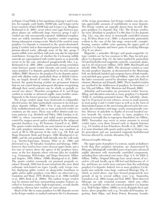 in Figure 13 and Table 2, but repetitions of group 1 and 2 vein-
lets, for example, early biotite, EDM halo, and A types cut by
lesser numbers of later EDM halo and A types (e.g., Bingham;
Redmond et al., 2001), occur where time gaps between por-
phyry phases are sufficiently large; however, group 2 and 3
veinlets are only uncommonly repeated. Additional complica-
tions are widely introduced by repetitive veinlet reopening
during subsequent veining events. Much of the metal in many
porphyry Cu deposits is contained in the quartz-dominated,
group 2 veinlets and as disseminated grains in the intervening
potassic-altered rocks, although some of the late, group 3
quartz-sulfide veins and their wall rocks may also be important
contributors. Irrespective of whether the Cu-bearing sulfide
minerals are coprecipitated with veinlet quartz or, as generally
seems to be the case, introduced paragenetically later (e.g.,
Redmond et al., 2001, 2004), a particularly strong correlation
exists between quartz veinlet intensity and metal content in
many porphyry Cu deposits, particularly in Au-rich examples
(Sillitoe, 2000). However, the porphyry Cu-Au deposits associ-
ated with alkaline rocks, particularly those in British Colum-
bia, are largely devoid of veinlets (Barr et al., 1976). Once
formed, the quartz-bearing veinlets are permanent features
that are not erased during subsequent alteration overprinting,
although their metal contents may be wholly or partially re-
moved (see above). Therefore recognition of A- and B-type
veinlets in sericitic or advanced argillic zones testifies unam-
biguously to the former presence of potassic alteration.
The A-type veinlets range from stockworks to subparallel,
sheeted arrays, the latter particularly common in Au-rich por-
phyry deposits (Sillitoe, 2000). Few, if any, stockworks are
truly multidirectional and one or more preferred veinlet ori-
entations are the norm. These may reflect district-scale tec-
tonic patterns (e.g., Heidrick and Titley, 1982; Lindsay et al.,
1995) or, where concentric and radial arrays predominate,
control by magma ascent and/or withdrawal in the subjacent
parental chambers (e.g., El Teniente; Cannell et al., 2005).
The quartz veinlet stockworks are most intense in and around
the early porphyry intrusions, where they may constitute as
much as 90 to 100 percent of the rock (e.g., Ok Tedi and
Hugo Dummett; Rush and Seegers, 1990; Khashgeral et al.,
2006), and die out gradually both laterally into the wall rocks
(e.g., Sierrita-Esperanza, Arizona; Titley et al., 1986) and
downward (e.g., El Salvador; Gustafson and Quiroga, 1995);
however, they tend to have more clearcut upper limits, just a
few tens of meters above the apices of the porphyry intru-
sions, in the few deposits where relevant data are available
(e.g., Guinaoang, Wafi-Golpu, and Hugo Dummett; Sillitoe
and Angeles, 1985; Sillitoe, 1999b; Khashgeral et al., 2006).
The quartz veinlets commonly cut proximal prograde ex-
oskarn (Einaudi, 1982) but do not extend into the more distal
carbonate rock-hosted ore types. Locally, early A-type vein-
lets displaying aplitic centers or along-strike transitions to
aplite and/or aplite porphyry (vein dikes) are observed (e.g.,
Gustafson and Hunt, 1975; Heithersay et al., 1990; Lickfold
et al., 2003; Rusk et al., 2008a). The earliest A-type veinlets
may be sinuous and have nonmatching margins, features as-
cribed to formation under high-temperature, overall ductile
conditions, whereas later veinlets are more planar.
Much of the Mo in many porphyry Cu-Mo deposits occurs
in the B-type veinlets, in marked contrast to the Cu dominance
of the A-type generations, but D-type veinlets may also con-
tain appreciable amounts of molybdenite in some deposits.
The B-type veinlets are typically absent from Au-rich, Mo-
poor porphyry Cu deposits (Fig. 13b). The D-type veinlets,
far more abundant in porphyry Cu-Mo than Cu-Au deposits
(Fig. 13a), may also occur as structurally controlled swarms
(e.g., El Abra; Dean et al., 1996), a characteristic particularly
evident in the case of the late-stage, meter-scale, enargite-
bearing, massive sulfide veins spanning the upper parts of
porphyry Cu deposits and lower parts of overlying lithocaps
(Fig. 6; see above).
Magnetite ± actinolite (M-type) and quartz-magnetite (A-
type) veinlets are far less common in Mo- than Au-rich por-
phyry Cu deposits (Fig. 13), the latter typified by particularly
elevated hydrothermal magnetite contents, commonly attain-
ing 5 to 10 vol percent (Sillitoe, 1979, 2000; MacDonald and
Arnold, 1994; Proffett, 2003). The dominant veinlets in most
Au-only porphyry deposits, as documented in the Maricunga
belt, are distinctly banded and comprise layers of both translu-
cent and dark-gray quartz (Vila and Sillitoe, 1991), the color of
the latter commonly caused by abundant vapor-rich fluid in-
clusions (Muntean and Einaudi, 2000). These banded veinlets
are ascribed to the shallowness of porphyry Au formation (<1
km; Vila and Sillitoe, 1991; Muntean and Einaudi, 2000).
Anhydrite and tourmaline are prominent veinlet, breccia-
filling, and alteration minerals in many porphyry Cu deposits
(Table 2), including associated skarns. The anhydrite, attain-
ing 5 to 15 percent of rock volumes, occurs in small amounts
in most group 2 and 3 veinlet types as well as in the form of
disseminated grains in the intervening altered rocks but com-
monly also constitutes end-stage, nearly monomineralic vein-
lets. Absence of anhydrite to depths of several hundred me-
ters beneath the current surface in many porphyry Cu
systems is normally due to supergene dissolution (see Sillitoe,
2005). Tourmaline may occur in minor amounts in several
veinlet types, even those formed early in deposit histories
(e.g., T4 veinlets al Los Pelambres; Perelló et al., 2007), but
it is most abundant with quartz and/or pyrite in D-type vein-
let generations and any associated magmatic-hydrothermal
breccias affected by sericitic alteration (Fig. 8).
Advanced argillic lithocaps
The upper parts of porphyry Cu systems, mainly at shallower
levels than their porphyry intrusions, are characterized by
lithocaps: lithologically controlled zones of pervasive advanced
argillic alteration with structurally controlled components,
including their subvertical root zones (Figs. 4, 6, 10; Table 2;
Sillitoe, 1995a). Original lithocaps have areal extents of sev-
eral to >10 and, locally, up to 100 km2 and thicknesses of >1
km, and hence are much more extensive than the underlying
porphyry Cu deposits. Indeed, two or more porphyry Cu de-
posits may underlie some large, coalesced lithocaps (Fig. 4),
which, as noted above, may have formed progressively over
periods of up to several million years (e.g., Yanacocha;
Gustafson et al., 2004; Longo and Teal, 2005). Most observed
lithocaps are only erosional remnants, which may either
wholly or partially overlie and conceal porphyry Cu deposits
(e.g., Wafi-Golpu; Sillitoe, 1999b) or occur alongside them and,
hence, above propylitic rock (e.g., Nevados del Famatina, Ar-
gentina, Batu Hijau, and Rosia Poieni, Romania; Lozada-
22 RICHARD H. SILLITOE
0361-0128/98/000/000-00 $6.00 22
 