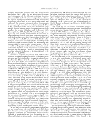 overlying porphyry Cu systems (Dilles, 1987; Shinohara and
Hedenquist, 1997), effects that are accompanied by down-
ward propagation of the lithostatic-hydrostatic transition
(Fournier, 1999). Under these lower temperature conditions,
the aqueous liquid phase exsolves more slowly from the still
crystallizing magma and, in turn, advects more slowly and
cools, such that it may not intersect its solvus. If this scenario
is correct, a single-phase, low- to moderate-salinity (5−20 wt
% NaCl equiv) liquid in the 350° to 250°C temperature range
ascends directly from the parental chambers into overlying
porphyry Cu systems (Shinohara and Hedenquist, 1997;
Hedenquist et al. 1998; Fig. 14). Alternatively, a single-phase
liquid may form, possibly after separation of some brine, by
subsequent contraction of vapor of the same composition as it
cools at elevated pressures above the critical curve of the fluid
system (Heinrich et al., 2004; Heinrich, 2005). The low-salin-
ity liquid, whose ascent is controlled by the preexisting quartz
veinlet stockworks, synmineral faults, and permeability con-
trasts provided by steep intrusive contacts, appears to be re-
sponsible for the progressive formation of the chlorite-sericite
and sericitic alteration, as well as continued advanced argillic
alteration and the principal Cu and Au mineralization in the
overlying lithocaps (Hedenquist et al., 1998; Heinrich et al.,
2004; Rusk et al., 2008b).
Admixture of magmatic and meteoric fluids, with the latter
dominant, was long considered necessary to produce sericitic
alteration and the attendant low- to moderate-salinity liquid,
i.e., 5 to 10× dilution of the hypersaline liquid (e.g., Shep-
pard et al., 1971; Taylor, 1974), but recent interpretations of
stable O and H isotope data reveal that an exclusively mag-
matic fluid is quite capable of producing the chlorite-sericite
and sericitic assemblages (Kusakabe et al., 1990; Hedenquist
and Richards, 1998; Hedenquist et al., 1998; Watanabe and
Hedenquist, 2001; Harris and Golding, 2002; Skewes et al.,
2003; Rusk et al., 2004; Khashgerel et al., 2006). However,
meteoric water involvement in late sericitic alteration is by no
means precluded (e.g., Hedenquist et al., 1998; Harris et al.,
2005), particularly on the margins of systems where the ad-
vecting magmatic liquid may entrain convecting meteoric
water, although its formerly preeminent role in the porphyry
Cu genetic model (e.g., Beane and Titley, 1981; Hunt, 1991)
is now greatly diminished. Since chlorite-sericite alteration
partially or totally reconstitutes potassic assemblages, and
sericitic alteration does the same to potassic and/or chlorite-
sericite assemblages, it is generally impossible to determine if
the contained metals are inherited from the former sulfide
assemblage(s) (e.g., Brimhall, 1979) or newly introduced in
the ascendant, still magmatic-sourced aqueous liquid. How-
ever, apparent confinement of hypogene Cu enrichment (see
above) to sericitic alteration overprinting rocks cut by quartz
veinlet stockworks that formerly contained chalcopyrite ±
bornite may suggest that a large component of the Cu in the
newly generated high sulfidation-state assemblages is derived
by relatively localized remobilization (Sillitoe, 1999b).
The base and precious metal deposit types in both carbon-
ate and noncarbonate wall-rock lithologic units likely form
from the same aqueous magmatic fluids that are involved in
porphyry Cu alteration and mineralization, wherever there is
provision of lateral fluid access from the porphyry stock or
dikes via lithologic, structural, and/or hydrothermally induced
permeability (Fig. 14). In the skarn environment, the early
two-phase hypersaline liquid plus vapor is likely to be fol-
lowed under declining temperature conditions by the single-
phase liquid (e.g., Meinert et al., 1997, 2003; Fig. 14), from
which the retrograde skarn Cu ± Au ± Zn, carbonate-re-
placement Cu or Zn-Pb-Ag-(Au), and sediment-hosted Au-
(As-Sb) deposits are formed (e.g., Meinert et al., 1997, 2003;
Heinrich, 2005).
High Zn, Pb, Ag, and Mn contents are recorded in hyper-
saline liquid inclusions from quartz veinlets formed during
potassic alteration (Bodnar, 1995; Heinrich et al., 1999; Ul-
rich et al., 1999; Wilkinson et al., 2008), but these chloride-
complexed metals (see above) remain in solution because
they are not appreciably concentrated in the sulfides present
in the main porphyry Cu orebodies. Cooling of the hyper-
saline liquid in contact with external wall rocks and dilution
with meteoric water in the propylitic halos may be the main
causes of Zn, Pb, Ag, and Mn precipitation (Hemley and
Hunt, 1992), giving rise to the geochemical halos of these
metals and, in some systems, localized vein concentrations
(Jerome, 1966; Figs. 6, 10). The largest concentrations of pe-
ripheral Zn, Pb, and Ag are confined to systems hosted by re-
ceptive carbonate rocks, where fluid neutralization induces
the precipitation of these metals in skarn and carbonate-re-
placement deposits (Seward and Barnes, 1997).
The fluid most likely to lead to appreciable high-sulfidation
Au ± Ag ± Cu mineralization in the relatively barren, early-
formed lithocaps is the low- to moderate-salinity, H2S-rich,
aqueous liquid that produces the underlying sericitic zones
(Hedenquist et al., 1998; Heinrich et al., 2004; Heinrich,
2005; Pudack et al., 2009; Fig. 14). On entering the lithocap
environment, this intermediate sulfidation-state liquid (form-
ing chalcopyrite and tennantite at depth) becomes unbuffered
and easily evolves to a higher sulfidation state on cooling
(Einaudi et al., 2003; Sillitoe and Hedenquist, 2003). The
Cordilleran massive sulfide lodes are localized where the liq-
uid follows pronounced structural permeability spanning the
sericitic to advanced argillic transition (Figs. 6, 10) or, less
commonly, encounters reactive carbonate rocks (e.g., Baum-
gartner et al., 2008; Bendezú and Fontboté, 2009). However,
much of the Au precipitates in the shallower parts of lithocaps
because of the greater likelihood of sharp drops in Au solu-
bility caused by either intense boiling in upflow conduits or
admixture of the ascendant liquid with cool, inflowing ground
water; in some cases, the latter appears to originate from the
vadose zone (see below) where it was steam heated (Heden-
quist et al., 1998; Heinrich, 2005, and references therein;
Figs. 6, 14). These shallow Au precipitation processes may be
particularly effective in permeable phreatic breccias created
by boiling of the ascendant liquid, vapor buildup beneath sili-
cified seals, and eventual catastrophic release, perhaps as-
sisted by external triggers (faulting, seismic shaking, and/or
deep intrusion contributing gases; e.g., Nairn et al., 2005).
The low- to moderate-salinity liquids responsible for high-
sulfidation deposits in lithocaps may, under appropriate struc-
tural and hydrologic conditions, pass into adjoining, less-
altered rocks and undergo sufficient neutralization and
reduction during outward flow and wall-rock reaction to pro-
duce liquids appropriate for formation of intermediate-sulfi-
dation epithermal deposits (Sillitoe, 1999b; Einaudi et al.,
PORPHYRY COPPER SYSTEMS 27
0361-0128/98/000/000-00 $6.00 27
 