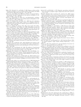 Halter, W.E., Heinrich, C.A., and Pettke, T., 2005, Magma evolution and the
formation of porphyry Cu-Au ore fluids: Evidence from silicate and sulfide
melt inclusions: Mineralium Deposita, v. 39, p. 845−863.
Harris, A.C., and Golding, S.D., 2002, New evidence of magmatic-fluid-re-
lated phyllic alteration: Implications for the genesis of porphyry Cu de-
posits: Geology, v. 30, p. 335−338.
Harris, A.C., Kamenetsky, V.S., White, N.C., van Achterbergh, E., and Ryan,
C.G., 2003, Melt inclusions in veins: Linking magmas and porphyry Cu de-
posits: Science, v. 302, p. 2109−2111.
Harris, A.C., Golding, S.D., and White, N.C., 2005, Bajo de la Alumbrera
copper-gold deposit: Stable isotope evidence for a porphyry-related hy-
drothermal system dominated by magmatic aqueous fluids: ECONOMIC GE-
OLOGY, v. 100, p. 863−886.
Harris, A.C., Dunlap, W.J., Reiners, P.W., Allen, C.M., Cooke, D.R., White,
N.C., Campbell, I.H., and Golding, S.D., 2008, Multimillion year thermal
history of a porphyry copper deposit: Application of U-Pb, 40Ar/39Ar and
(U-Th)/He chronometers, Bajo de la Alumbrera copper-gold deposit, Ar-
gentina: Mineralium Deposita, v. 43, p. 295−314.
Harvey, B.A., Myers, S.A., and Klein, T., 1999, Yanacocha gold district, north-
ern Peru: Pacrim ’99 Congress, Bali, Indonesia, 1999, Proceedings: Mel-
bourne, Australasian Institute of Mining and Metallurgy, p. 445−459.
Hattori, K.H., and Keith, J.D., 2001, Contribution of mafic melt to porphyry
copper mineralization: Evidence from Mount Pinatubo, Philippines, and
Bingham Canyon, Utah, USA: Mineralium Deposita, v. 36, p. 799−806.
Hedenquist, J.W., 1995, The ascent of magmatic fluids: Discharge versus
mineralization: Mineralogical Association of Canada Short Course Series, v.
23, p. 263−289.
Hedenquist, J.W., and Henley, R.W., 1985, Hydrothermal eruptions in the
Waiotapu geothermal system, New Zealand: Their origin, associated brec-
cias, and relation to precious metal mineralization: ECONOMIC GEOLOGY, v.
80, p. 1640−1668.
Hedenquist, J.W., and Richards, J.P., 1998, The influence of geochemical
techniques on the development of genetic models for porphyry copper de-
posits: Reviews in Economic Geology, v. 10, p. 235−256.
Hedenquist, J.W., Simmons, S.F., Giggenbach, W.F., and Eldridge, C.S.,
1993, White Island, New Zealand, volcanic-hydrothermal system repre-
sents the geochemical environment of high-sulfidation Cu and Au ore de-
position: Geology, v. 21, p. 731−734.
Hedenquist, J.W., Arribas, A., Jr., and Reynolds, T.J., 1998, Evolution of an
intrusion-centered hydrothermal system: Far Southeast-Lepanto porphyry
and epithermal Cu-Au deposits, Philippines: ECONOMIC GEOLOGY, v. 93, p.
373−404.
Hedenquist, J.W., Arribas, A., Jr., and Gonzalez-Urien, E., 2000, Exploration for
epithermal gold deposits: Reviews in Economic Geology, v. 13, p. 245−277.
Hedenquist, J.W., Claveria, R.J.R., and Villafuerte, G.P., 2001, Types of sul-
fide-rich epithermal deposits, and their affiliation to porphyry systems:
Lepanto-Victoria-Far Southeast deposits, Philippines, as examples: Pro-
Explo 2001, Congreso Internacional de Prospectores y Exploradores,
2nd, Lima, 2001, Instituto de Ingenieros de Minas del Perú, CD-ROM,
29 p.
Heidrick, T.L., and Titley, S.R., 1982, Fracture and dike patterns in Laramide
plutons and their structural and tectonic implications: American Southwest,
in Titley, S.R., ed., Advances in geology of the porphyry copper deposits,
southwestern North America: Tucson, University of Arizona Press, p. 73−91.
Heinrich, C.A., 2005, The physical and chemical evolution of low-salinity
magmatic fluids at the porphyry to epithermal transition: A thermodynamic
study: Mineralium Deposita, v. 39, p. 864−889.
Heinrich, C.A., Günther, D., Audétat, A., Ulrich, T., and Frischknecht, R.,
1999, Metal fractionation between magmatic brine and vapor, determined
by microanalysis of fluid inclusions: Geology, v. 27, p. 755−758.
Heinrich, C.A., Driesner, T., Stefánsson, A., and Seward, T.M., 2004, Mag-
matic vapor contraction and the transport of gold from the porphyry envi-
ronment to epithermal ore deposits: Geology, v. 32, p. 761−764.
Heithersay, P.S., O’Neill, W.J., van der Helder, P., Moore, C.R., and Harbon,
P.G., 1990, Goonumbla porphyry copper district—Endeavour 26 North,
Endeavour 22 and Endeavour 27 copper-gold deposits: Australasian Insti-
tute of Mining and Metallurgy Monograph 14, v. 2, p. 1385−1398.
Hemley, J.J., and Hunt, J.P., 1992, Hydrothermal ore-forming processes in
the light of studies in rock-buffered systems: II. Some general geologic ap-
plications: ECONOMIC GEOLOGY, v. 87, p. 23−43.
Hemley, J.J., Montoya, J.W., Marinenko, J.W., and Luce, R.W., 1980, Equi-
libria in the system Al2O3-SiO2-H2O and some general implications for al-
teration-mineralization processes: ECONOMIC GEOLOGY, v. 75, p. 210−228.
Henley, R.W., and McNabb, A., 1978, Magmatic vapor plumes and ground-
water interaction in porphyry copper emplacement: ECONOMIC GEOLOGY,
v. 73, p. 1−20.
Hill, K.C., Kendrick, R.D., Crowhurst, P.V., and Gow, P.A., 2002, Copper-
gold mineralisation in New Guinea: Tectonics, lineaments, thermochronol-
ogy and structure: Australian Journal of Earth Sciences, v. 49, p. 737−752.
Holland, H.D., 1972, Granites, solutions, and base metal deposits: ECO-
NOMIC GEOLOGY, v. 67, p. 281−301.
Holliday, J.R., and Cooke, D.R., 2007, Advances in geological models and ex-
ploration methods for copper ± gold porphyry deposits, in Milkereit, B.,
ed., Proceedings of Exploration 07: Fifth Decennial International Confer-
ence on Mineral Exploration: Toronto, Prospectors and Developers Asso-
ciation of Canada, p. 791−809.
Holliday, J.R., McMillan, C., and Tedder, I., 1999, Discovery of the Cadia
Ridgeway gold-copper porphyry deposit: New Generation Gold Mines
’99—Case Histories of Discovery, Perth, 1999, Conference Proceedings:
Adelaide, Australian Mineral Foundation, p. 101−107.
Holliday, J.R., Wilson, A.J., Blevin, P.L., Tedder, I.J., Dunham, P.D., and
Pfitzner, M., 2002, Porphyry gold-copper mineralisation in the Cadia dis-
trict, eastern Lachlan fold belt, New South Wales, and its relationship to
shoshonitic magmatism: Mineralium Deposita, v. 37, p. 100−116.
Howell, F.H., and Molloy, S., 1960, Geology of the Braden orebody, Chile,
South America: ECONOMIC GEOLOGY, v. 55, p. 863−905.
Hunt, J.P., 1991, Porphyry copper deposits: ECONOMIC GEOLOGY MONO-
GRAPH 8, p. 192−206.
Hunt, J.P., Bratt, J.A., and Marquardt, J.C., 1983, Quebrada Blanca, Chile:
An enriched porphyry copper deposit: Mining Engineering, v. 35, p.
636−644.
Ishihara, S., 1981, The granitoid series and mineralization: ECONOMIC GE-
OLOGY 75TH
ANNIVERSARY VOLUME, p. 458−484.
Jankovi´c, S., 1977, Major Alpine ore deposits and metallogenic units in the
northeastern Mediterranean and concepts of plate tectonics, in Jankovi´c,
S., ed., Metallogeny and plate tectonics in the northeastern Mediterranean:
IGCP-UNESCO Correlation Project No. 3, Faculty of Mining and Geol-
ogy, University of Belgrade, p. 105−171.
Jerome, S.E., 1966, Some features pertinent in exploration of porphyry cop-
per deposits, in Titley, S.R., and Hicks, C.L., eds., Geology of the porphyry
copper deposits, southwestern North America: Tucson, University of Ari-
zona Press, p. 75−85.
John, D.A., 1989, Evolution of hydrothermal fluids in the Park Premier stock,
central Wasatch Mountains, Utah: ECONOMIC GEOLOGY, v. 84, p. 879−902.
John, E.C., 1978, Mineral zones in the Utah Copper orebody: ECONOMIC
GEOLOGY, v. 73, p. 1250−1259.
Jones, B., Kamenetsky, V., Davidson, P., and Allen, C., 2007, Antapaccay por-
phyry Cu-Au deposit: A product of Andean tectonism and evolving mag-
matism, late Eocene-early Oligocene Abancay batholith, Altiplano, south-
ern Peru [abs.]: Ores and orogenesis. A symposium honoring the career of
William R. Dickinson, Tucson, 2007, Program with Abstracts: Tucson, Ari-
zona Geological Society, p. 132−133.
Kay, S.M., Godoy, E., and Kurtz, A., 2005, Episodic arc migration, crustal
thickening, subduction erosion, and magmatism in the south-central
Andes: Geological Society of America Bulletin, v. 117, p. 67−88.
Keith, J.D., Whitney, J.A., Hattori, K., Ballantyne, G.H., Christiansen, E.H.,
Barr, D.L., Cannan, T.M., and Hook, C.J., 1997, The role of magmatic sul-
fides and mafic alkaline magmas in the Bingham and Tintic mining dis-
tricts, Utah: Journal of Petrology, v. 38, p. 1679−1690.
Kelley, D.L., Kelley, K.D., Coker, W.B., Caughlin, B., and Doherty, M.E.,
2006, Beyond the obvious limits of ore deposits: The use of mineralogical,
geochemical, and biological features for the remote detection of mineral-
ization: ECONOMIC GEOLOGY, v. 101, p. 729−752.
Kesler, S.E., and Wilkinson, B.H., 2006, The role of exhumation in the tem-
poral distribution of ore deposits: ECONOMIC GEOLOGY, v. 101, p. 919−922.
Kesler, S.E., Russell, N., Seaward, M., Rivera, J.A., McCurdy, K., Cumming,
G.L., and Sutter, J.F., 1981, Geology and geochemistry of sulfide mineral-
ization underlying the Pueblo Viejo gold-silver oxide deposit, Dominican
Republic: ECONOMIC GEOLOGY, v. 76, p. 1096−1117.
Kesler, S.E., Chryssoulis, S.L., and Simon, G., 2002, Gold in porphyry cop-
per deposits: Its distribution and fate: Ore Geology Reviews, v. 21, p.
103−124.
Khashgerel, B.-E., Rye, R.O., Hedenquist, J.W., and Kavalieris, I., 2006, Ge-
ology and reconnaissance stable isotope study of the Oyu Tolgoi porphyry
Cu-Au system, South Gobi, Mongolia: ECONOMIC GEOLOGY, v. 101, p.
503−522.
36 RICHARD H. SILLITOE
0361-0128/98/000/000-00 $6.00 36
 