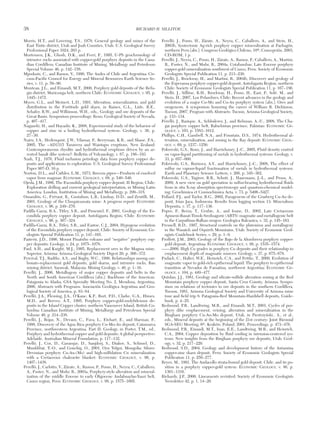 Morris, H.T., and Lovering, T.S., 1979, General geology and mines of the
East Tintic district, Utah and Juab Counties, Utah: U.S. Geological Survey
Professional Paper 1024, 203 p.
Mortensen, J.K., Ghosh, D.K., and Ferri, F., 1995, U-Pb geochronology of
intrusive rocks associated with copper-gold porphyry deposits in the Cana-
dian Cordillera: Canadian Institute of Mining, Metallurgy and Petroleum
Special Volume 46, p. 142−158.
Mpodozis, C., and Ramos, V., 1990, The Andes of Chile and Argentina: Cir-
cum-Pacific Council for Energy and Mineral Resources Earth Science Se-
ries, v. 11, p. 59−90.
Muntean, J.L., and Einaudi, M.T., 2000, Porphyry gold deposits of the Refu-
gio district, Maricunga belt, northern Chile: ECONOMIC GEOLOGY, v. 95, p.
1445−1472.
Myers, G.L., and Meinert, L.D., 1991, Alteration, mineralization, and gold
distribution in the Fortitude gold skarn, in Raines, G.L., Lisle, R.E.,
Schafer, R.W., and Wilkinson, W.H., eds., Geology and ore deposits of the
Great Basin. Symposium proceedings: Reno, Geological Society of Nevada,
p. 407−417.
Nagaseki, H., and Hayashi, K., 2008, Experimental study of the behavior of
copper and zinc in a boiling hydrothermal system: Geology, v. 36, p.
27−30.
Nairn, I.A., Hedenquist, J.W., Vilamar, P., Berryman, K.R., and Shane, P.A.,
2005, The ~AD1315 Tarawera and Waiotapu eruptions, New Zealand:
Contemporaneous rhyolite and hydrothermal eruptions driven by an ar-
rested basalt dike system?: Bulletin of Volcanology, v. 67, p. 186−193.
Nash, T.J., 1976, Fluid inclusion petrology data from porphyry copper de-
posits and applications to exploration: U.S. Geological Survey Professional
Paper 907-D, 16 p.
Norton, D.L., and Cathles, L.M., 1973, Breccia pipes—Products of exsolved
vapor from magmas: ECONOMIC GEOLOGY, v. 68, p. 540−546.
Ojeda, J.M., 1986, The Escondida porphyry copper deposit, II Region, Chile:
Exploration drilling and current geological interpretation, in Mining Latin
America: London, Institution of Mining and Metallurgy, p. 299−318.
Ossandón, G., Fréraut, R., Gustafson, L.B., Lindsay, D.D., and Zentilli, M.,
2001, Geology of the Chuquicamata mine: A progress report: ECONOMIC
GEOLOGY, v. 96, p. 249−270.
Padilla Garza, R.A., Titley, S.R., and Pimentel, F., 2001, Geology of the Es-
condida porphyry copper deposit, Antofagasta Region, Chile: ECONOMIC
GEOLOGY, v. 96, p. 307−324.
Padilla-Garza, R.A., Titley, S.R., and Eastoe, C.J., 2004, Hypogene evolution
of the Escondida porphyry copper deposit, Chile: Society of Economic Ge-
ologists Special Publication 11, p. 141−165.
Pasteris, J.D., 1996, Mount Pinatubo volcano and “negative” porphyry cop-
per deposits: Geology, v. 24, p. 1075−1078.
Paul, A.H., and Knight, M.J., 1995, Replacement ores in the Magma mine,
Superior, Arizona: Arizona Geological Society Digest 20, p. 366−372.
Percival, T.J., Radtke, A.S., and Bagby, W.C., 1990, Relationships among car-
bonate-replacement gold deposits, gold skarns, and intrusive rocks, Bau
mining district, Sarawak, Malaysia: Mining Geology, v. 40, p. 1−16.
Perelló, J., 2006, Metallogeny of major copper deposits and belts in the
North and South American Cordillera [abs.]: Backbone of the Americas.
Patagonia to Alaska, GSA Specialty Meeting No. 2, Mendoza, Argentina,
2006, Abstracts with Programs: Asociación Geológica Argentina and Geo-
logical Society of America, p. 83−84.
Perelló, J.A., Fleming, J.A., O’Kane, K.P., Burt, P.D., Clarke, G.A., Himes,
M.D., and Reeves, A.T., 1995, Porphyry copper-gold-molybdenum de-
posits in the Island Copper cluster, northern Vancouver Island, British Co-
lumbia: Canadian Institute of Mining, Metallurgy and Petroleum Special
Volume 46, p. 214−238.
Perelló, J., Rojas, N., Devaux, C., Fava, L., Etchart, E., and Harman, P.,
1998, Discovery of the Agua Rica porphyry Cu-Mo-Au deposit, Catamarca
Province, northwestern Argentina. Part II: Geology, in Porter, T.M., ed.,
Porphyry and hydrothermal copper and gold deposits: A global perspective:
Adelaide, Australian Mineral Foundation, p. 117−132.
Perelló, J., Cox, D., Garamjav, D., Sanjdorj, S., Diakov, S., Schissel, D.,
Munkhbat, T.-O., and Gonchig, O., 2001, Oyu Tolgoi, Mongolia: Siluro-
Devonian porphyry Cu-Au-(Mo) and high-sulfidation Cu mineralization
with a Cretaceous chalcocite blanket: ECONOMIC GEOLOGY, v. 96, p.
1407−1438.
Perelló, J., Carlotto, V., Zárate, A., Ramos, P., Posso, H., Neyra, C., Caballero,
A., Fuster, N., and Muhr, R., 2003a, Porphyry-style alteration and mineral-
ization of the middle Eocene to early Oligocene Andahuaylas-Yauri belt,
Cuzco region, Peru: ECONOMIC GEOLOGY, v. 98, p. 1575−1605.
Perelló, J., Posso, H., Zárate, A., Neyra, C., Caballero, A., and Stein, H.,
2003b, Syntectonic Ag-rich porphyry copper mineralization at Pachagón,
northern Peru [abs.]: Congreso Geológico Chileno, 10th, Concepción, 2003,
CD-ROM, 1 p.
Perelló, J., Neyra, C., Posso, H., Zárate, A., Ramos, P., Caballero, A., Martini,
R., Fuster, N., and Muhr, R., 2004a, Cotabambas: Late Eocene porphyry
copper-gold mineralization southwest of Cuzco, Peru: Society of Economic
Geologists Special Publication 11, p. 213−230.
Perelló, J., Brockway, H., and Martini, R., 2004b, Discovery and geology of
the Esperanza porphyry copper-gold deposit, Antofagasta Region, northern
Chile: Society of Economic Geologists Special Publication 11, p. 167−186.
Perelló, J., Sillitoe, R.H., Brockway, H., Posso, H., East, P., Solé, M., and
Stein, H., 2007, Los Pelambres, Chile: Recent advances in the geology and
evolution of a major Cu-Mo and Cu-Au porphyry system [abs.]: Ores and
orogenesis. A symposium honoring the career of William R. Dickinson,
Tucson, 2007, Program with Abstracts: Tucson, Arizona Geological Society,
p. 133−134.
Perelló, J., Razique, A., Schloderer, J., and Rehman, A.-U., 2008, The Cha-
gai porphyry copper belt, Baluchistan province, Pakistan: ECONOMIC GE-
OLOGY, v. 103, p. 1583−1612.
Phillips, C.H., Gambell, N.A., and Fountain, D.S., 1974, Hydrothermal al-
teration, mineralization, and zoning in the Ray deposit: ECONOMIC GEOL-
OGY, v. 69, p. 1237−1250.
Pokrovski, G.S., Roux, J., and Harrichoury, J.-C., 2005, Fluid density control
on vapor-liquid partitioning of metals in hydrothermal systems: Geology, v.
33, p. 657−660.
Pokrovski, G.S., Borisova, A.Y., and Harrichoury, J.-C., 2008, The effect of
sulfur on vapour-liquid fractionation of metals in hydrothermal systems:
Earth and Planetary Science Letters, v. 266, p. 345−362.
Pokrovski, G.S., Tagirov, B.R., Schott, J., Hazemann, J.-L., and Proux, A.,
2009, A new view on gold speciation in sulfur-bearing hydrothermal fluids
from in situ X-ray absorption spectroscopy and quantum-chemical model-
ing: Geochimica et Cosmochimica Acta, v. 73, p. 5406−5427.
Pollard, P.J., and Taylor, R.G., 2002, Paragenesis of the Grasberg Cu-Au de-
posit, Irian Jaya, Indonesia: Results from logging section 13: Mineralium
Deposita, v. 37, p. 117−136.
Popov, P., Berza, T., Grubic, A., and Ioane, D., 2002, Late Cretaceous
Apuseni-Banat-Timok-Srednagorie (ABTS) magmatic and metallogenic belt
in the Carpathian-Balkan orogen: Geologica Balcanica, v. 32, p. 145−163.
Presnell, R.D., 1997, Structural controls on the plutonism and metallogeny
in the Wasatch and Oquirrh Mountains, Utah: Society of Economic Geol-
ogists Guidebook Series, v. 29, p. 1−9.
Proffett, J.M., 2003, Geology of the Bajo de la Alumbrera porphyry copper-
gold deposit, Argentina: ECONOMIC GEOLOGY, v. 98, p. 1535−1574.
——2009, High Cu grades in porphyry Cu deposits and their relationship to
emplacement depth of magmatic sources: Geology, v. 37, p. 675−678.
Pudack, C., Halter, W.E., Heinrich, C.A., and Pettke, T., 2009, Evolution of
magmatic vapor to gold-rich epithermal liquid: The porphyry to epithermal
transition at Nevados de Famatina, northwest Argentina: ECONOMIC GE-
OLOGY, v. 104, p. 449−477.
Quinlan, J.J., 1981, Geology and silicate-sulfide alteration zoning at the Red
Mountain porphyry copper deposit, Santa Cruz County, Arizona: Sympo-
sium on relations of tectonics to ore deposits in the southern Cordillera,
Tucson, 1981, Arizona Geological Society and University of Arizona mine
tour and field trip 8: Patagonia-Red Mountain-Hardshell deposits, Guide-
book, p. 4−25.
Redmond, P.B., Landtwing, M.R., and Einaudi, M.T., 2001, Cycles of por-
phyry dike emplacement, veining, alteration and mineralization in the
Bingham porphyry Cu-Au-Mo deposit, Utah, in Piestrzy´nski., A., et al.,
eds., Mineral deposits at the beginning of the 21st century: Joint Biennial
SGA-SEG Meeting, 6th, Kraków, Poland, 2001, Proceedings, p. 473−476.
Redmond, P.B., Einaudi, M.T., Inan, E.E., Landtwing, M.R., and Heinrich,
C.A., 2004, Copper deposition by fluid cooling in intrusion-centered sys-
tems: New insights from the Bingham porphyry ore deposits, Utah: Geol-
ogy, v. 32, p. 217−220.
Redwood, S.D., 2004, Geology and development history of the Antamina
copper-zinc skarn deposit, Peru: Society of Economic Geologists Special
Publication 11, p. 259−277.
Reyes, M., 1991, The Andacollo strata-bound gold deposit, Chile, and its po-
sition in a porphyry copper-gold system: ECONOMIC GEOLOGY, v. 86, p.
1301−1316.
Richards, J.P., 2000, Lineaments revisited: Society of Economic Geologists
Newsletter 42, p. 1, 14−20.
38 RICHARD H. SILLITOE
0361-0128/98/000/000-00 $6.00 38
 