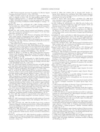 ——2003, Tectono-magmatic precursors for porphyry Cu-(Mo-Au) deposit
formation: ECONOMIC GEOLOGY, v. 98, p. 1515−1533.
——2005, Cumulative factors in the generation of giant calc-alkaline por-
phyry Cu deposits, in Porter, T.M., ed., Super porphyry copper and gold
deposits: A global perspective, v. 1: Adelaide, PGC Publishing, p. 7−25.
——2009, Postsubduction porphyry Cu-Au and epithermal Au deposits:
Products of remelting of subduction-modified lithosphere: Geology, v. 37,
p. 247−250.
Richards, J. P., Boyce, A.J., and Pringle, M. S., 2001, Geologic evolution of
the Escondida area, northern Chile: A model for spatial and temporal lo-
calization of porphyry Cu mineralization: ECONOMIC GEOLOGY, v. 96, p.
271−305.
Rimstidt, J.D., 1997, Gangue mineral transport and deposition, in Barnes,
H.L., ed., Geochemistry of hydrothermal ore deposits, 3rd ed.: New York,
John Wiley and Sons, p. 487−515.
Rivera, S.L., and Pardo, R., 2004, Discovery and geology of the Toki por-
phyry copper deposit, Chuquicamata district, northern Chile: Society of
Economic Geologists Special Publication 11, p. 199−211.
Roedder, E., 1971, Fluid inclusion studies on the porphyry-type ore deposits
at Bingham, Utah, Butte, Montana, and Climax, Colorado: ECONOMIC GE-
OLOGY, v. 66, p. 98−120.
——1984, Fluid inclusions: Reviews in Mineralogy, v. 12, 644 p.
Rohrlach, B.D., and Loucks, R.R., 2005, Multi-million-year cyclic ramp-up
of volatiles in a lower crustal magma reservoir trapped below the Tampakan
copper-gold deposit by Mio-Pliocene crustal compression in the southern
Philippines, in Porter, T.M., ed., Super porphyry copper and gold deposits:
A global perspective: Adelaide, PGC Publishing, v. 2, p. 369−407.
Rohrlach, B., Madera, A., and Watt, R., 1999, Geology, alteration and miner-
alization of the Tampakan copper deposit: Pacrim ’99 Congress, Bali, In-
donesia, 1999, Proceedings: Melbourne, Australasian Institute of Mining
and Metallurgy, p. 517−525.
Rojas, N., Drobe, J., Lane, R., and Bonafede, D., 1999, El pórfido cuprífero
de Taca Taca Bajo, Salta, in Zappettini, E.O., ed., Recursos minerales de la
República Argentina: Buenos Aires, Instituto de Geología y Recursos Min-
erales SEGEMAR Anales 35, p. 1321−1331.
Rose, A.W., 1970, Zonal relations of wallrock alteration and sulfide distribu-
tion at porphyry copper deposits: ECONOMIC GEOLOGY, v. 65, p. 920−936
Rush, P.M., and Seegers, H.J., 1990, Ok Tedi copper-gold deposits: Australasian
Institute of Mining and Metallurgy Monograph 14, v. 2, p. 1747−1754.
Rusk, B., and Reed, M., 2002, Scanning electron microprobe-cathodolumi-
nescence analysis of quartz reveals complex growth histories in veins from
the Butte porphyry copper deposit, Montana: Geology, v. 30, p. 727−730.
Rusk, B.G., Reed, M.H., Dilles, J.H., Klemm, L.M., and Heinrich, C.A.,
2004, Compositions of magmatic hydrothermal fluids determined by LA-
ICP-MS of fluid inclusions from the porphyry copper-molybdenum deposit
at Butte, MT: Chemical Geology, v. 210, p. 173−199.
Rusk, B.G., Reed, M.H., and Dilles, J.H., 2008a, Fluid inclusion evidence for
magmatic-hydrothermal fluid evolution in the porphyry copper-molybde-
num deposit at Butte, Montana: ECONOMIC GEOLOGY, v. 103, p. 307−334.
Rusk, B.G., Miller, B.J., and Reed, M.H., 2008b, Fluid-inclusion evidence for
the formation of Main Stage polymetallic base-metal veins, Butte, Mon-
tana, USA: Arizona Geological Society Digest 22, p. 573−581.
Ryan, S.J., and Vigar, A., 1999, Discovery of the high-grade gold Link Zone
at Wafi, PNG: Pacrim ’99 Congress, Bali, Indonesia, 1999, Proceedings:
Melbourne, Australasian Institute of Mining and Metallurgy, p. 65−72.
Rye, R.O., 1993, The evolution of magmatic fluids in the epithermal envi-
ronment: The stable isotope perspective: ECONOMIC GEOLOGY, v. 88, p.
733−752.
Salfity, J.A., 1985, Lineamientos transversales al rumbo andino en el noroeste
argentino: Congreso Geológico Chileno, 4th, Antofagasta, 1985, Actas, v. 1,
p. 2/119−2/137.
Sasso, A.M., and Clark, A.H., 1998, The Farallón Negro Group, northwest
Argentina: Magmatic, hydrothermal and tectonic evolution and implication
for Cu-Au metallogeny in the Andean back-arc: Society of Economic Ge-
ologists Newsletter 34, p. 1, 8−18.
Schmitt, H.A., 1966, The porphyry copper deposits in their regional setting,
in Titley, S.R., and Hicks, C.L., eds., Geology of the porphyry copper de-
posits, southwestern North America: Tucson, University of Arizona Press,
p. 17−33.
Seedorff, E., and Einaudi, M.T., 2004, Henderson porphyry molybdenum
system, Colorado: I. Sequence and abundance of hydrothermal mineral as-
semblages, flow paths of evolving fluids, and evolutionary style: ECONOMIC
GEOLOGY, v. 99, p. 3−37.
Seedorff, E., Dilles, J.H., Proffett, J.M., Jr., Einaudi, M.T., Zurcher, L.,
Stavast, W.J.A., Johnson, D.A., and Barton, M.D., 2005, Porphyry deposits:
Characteristics and origin of hypogene features: ECONOMIC GEOLOGY 100TH
ANNIVERSARY VOLUME, p. 251−298.
Seedorff, E., Barton, M.D., Stavast, W.J.A., and Maher, D.J., 2008, Root
zones of porphyry systems: Extending the porphyry model to depth: ECO-
NOMIC GEOLOGY, v. 103, p. 939−956.
Seo, J.H., Guillong, M., and Heinrich, C.A., 2009, The role of sulfur in the
formation of magmatic-hydrothermal copper-gold deposits: Earth and
Planetary Science Letters, v. 282, p. 323−328.
Serrano, L., Vargas, R., Stambuk, V., Aguilar, C., Galeb, M., Holmgren, C.,
Contreras, A., Godoy, S., Vela, I., Skewes, A.M., and Stern, C.R., 1996, The
late Miocene to early Pliocene Río Blanco-Los Bronces copper deposit,
central Chilean Andes: Society of Economic Geologists Special Publication
5, p. 119−129.
Setyandhaka, D., Arif, J., and Proffett, J., 2008, Characteristics of the roots of
a classic copper-gold porphyry system—the Batu Hijau copper-gold por-
phyry deposit, Indonesia [ext. abs.]: Pacrim Congress 2008, Gold Coast,
Queensland, 2008, Extended Abstracts: Melbourne, Australasian Institute
of Mining and Metallurgy, p. 445−450.
Seward, T.M., and Barnes, H.L., 1997, Metal transport by hydrothermal ore
fluids, in Barnes, H.L., ed., Geochemistry of hydrothermal ore deposits, 3rd
ed.: New York, John Wiley and Sons, p. 435−486.
Sheppard, S.M.F., Nielsen, R.L., and Taylor, H.P., Jr., 1971, Hydrogen and
oxygen isotope ratios in minerals from porphyry copper deposits: ECO-
NOMIC GEOLOGY, v. 66, p. 515−542.
Shinohara, H., 1994, Exsolution of immiscible vapor and liquid phases from
a crystallizing silicate melt: Implications for chlorine and metal transport:
Geochimica et Cosmochimica Acta, v. 58, p. 5215−5221.
Shinohara, H., and Hedenquist, J.W., 1997, Constraints on magma degassing
beneath the Far Southeast porphyry Cu-Au deposit, Philippines: Journal of
Petrology, v. 38, p. 1741−1752.
Shinohara, H., Kazahaya, K., and Lowenstern, J.B., 1995, Volatile transport
in a convecting magma column: Implications for porphyry Mo mineraliza-
tion: Geology, v. 23, p. 1091−1094.
Sillitoe, R.H., 1972, A plate tectonic model for the origin of porphyry copper
deposits: ECONOMIC GEOLOGY, v. 67, p. 184−197.
——1973, The tops and bottoms of porphyry copper deposits: ECONOMIC
GEOLOGY, v. 68, p. 799−815.
——1979, Some thoughts on gold-rich porphyry copper deposits: Mineral-
ium Deposita, v. 14, p. 161−174.
——1980, Cauldron subsidence as a possible inhibitor of porphyry copper
formation: Mining Geology Special Issue 8, p. 85−93.
——1985, Ore-related breccias in volcanoplutonic arcs: ECONOMIC GEOL-
OGY, v. 80, p. 1467−1514.
——1993, Epithermal models: Genetic types, geometrical controls and shal-
low features: Geological Association of Canada Special Paper 40, p.
403−417.
——1994, Erosion and collapse of volcanoes: Causes of telescoping in intru-
sion-centered ore deposits: Geology, v. 22, p. 945−948.
——1995a, Exploration of porphyry copper lithocaps: Pacific Rim Congress,
Auckland, 1995, Proceedings: Melbourne, Australasian Institute of Mining
and Metallurgy, p. 527−532.
——1995b, The influence of magmatic-hydrothermal models on exploration
strategies for volcano-plutonic arcs: Mineralogical Association of Canada
Short Course Series, v. 23, p. 511−525.
——1997, Characteristics and controls of the largest porphyry copper-gold
and epithermal gold deposits in the circum-Pacific region: Australian Jour-
nal of Earth Sciences, v. 44, p. 373−388.
——1998, Major regional factors favouring large size, high hypogene grade,
elevated gold content and supergene oxidation and enrichment of porphyry
copper deposits, in Porter, T.M., ed., Porphyry and hydrothermal copper
and gold deposits: A global perspective: Adelaide, Australian Mineral
Foundation, p. 21−34.
——1999a, VMS and porphyry copper deposits: products of discrete tectono-
magmatic settings, in Stanley, C. J., et al., eds., Mineral deposits: Processes
to processing: Biennial SGA Meeting, 5th, and Quadrennial IAGOD Sym-
posium, 10th, London, 1999, Proceedings, v. 1, p. 7−10.
——1999b, Styles of high-sulphidation gold, silver and copper mineralisation
in porphyry and epithermal environments: Pacrim ’99 Congress, Bali, In-
donesia, 1999, Proceedings: Melbourne, Australasian Institute of Mining
and Metallurgy, p. 29−44.
PORPHYRY COPPER SYSTEMS 39
0361-0128/98/000/000-00 $6.00 39
 