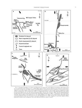 PORPHYRY COPPER SYSTEMS 7
0361-0128/98/000/000-00 $6.00 7
7.520.000
6296000 N
686000E
7.540.000
510.000
110° 45’
106.85°E
43°N
33° 20
5km
5km
5km
1km
N
N
N
N
GLOBE
Copper CitiesDiamond H
Miami
East
Miami
MIAMI
Quetena
Cadia
Quarry
Cadia
Hill
Little
Cadia
Hugo Dummett
Ulan
Khud
(prospect)
Central
Southwest
& South
Heruga
Big
Cadia
Cadia East -
Far East
?
Cadia
Ridgeway
Mina Sur
Chuquicamata
RT
WestFault
Toki
Opache
MM
Genoveva
Miranda
Blue Bird
Oxhide
Pinto
Valley
Castle
Dome
Cactus-
Carlotta
a
c
b
d
Inspiration
CALAMA
Porphyry Cu deposit
Skarn magnetite-Cu-Au deposit
Exotic (supergene) Cu deposit
Postmineral fault
Trendof magmatic arc
Town
FIG. 3. Examples of porphyry Cu clusters and alignments of various sizes and at different orientations with respect to the
axes of contemporaneous magmatic arcs. a. Globe-Miami district cluster, Arizona within the Late Cretaceous-early Tertiary
(Laramide) arc (after Creasey, 1980), with the spatial distribution partially the result of mid-Tertiary extensional tectonism
(Wilkins and Heidrick, 1995; Seedorff et al., 2008). b. Chuquicamata district, northern Chile aligned parallel to the middle
Eocene-early Oligocene arc axis (after Rivera and Pardo, 2004; S. Rivera, writ. commun., 2009), with the spatial distribution
possibly partly the result of postmineral sinistral strike-slip faulting (Brimhall et al., 2006). c. Cadia district, New South Wales,
Australia, aligned oblique to the Ordovician arc axis (after Holliday et al., 2002). d. Oyu Tolgoi district, Mongolia aligned
nearly perpendicular to the Late Devonian arc axis (after Khashgerel et al., 2008). Porphyry Cu and other deposit outlines
projected to surface where unexposed. Note scale difference between c and a, b, and d.
 