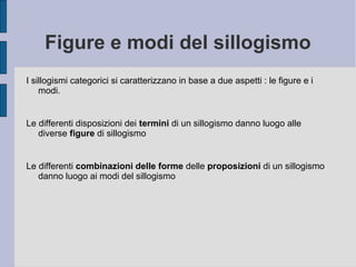 Figure e modi del sillogismo
I sillogismi categorici si caratterizzano in base a due aspetti : le figure e i
modi.
Le differenti disposizioni dei termini di un sillogismo danno luogo alle
diverse figure di sillogismo
Le differenti combinazioni delle forme delle proposizioni di un sillogismo
danno luogo ai modi del sillogismo
 
