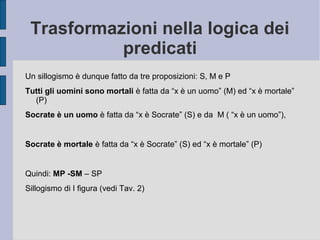 Trasformazioni nella logica dei
predicati
Un sillogismo è dunque fatto da tre proposizioni: S, M e P
Tutti gli uomini sono mortali è fatta da “x è un uomo” (M) ed “x è mortale”
(P)
Socrate è un uomo è fatta da “x è Socrate” (S) e da M ( “x è un uomo”),
Socrate è mortale è fatta da “x è Socrate” (S) ed “x è mortale” (P)
Quindi: MP -SM – SP
Sillogismo di I figura (vedi Tav. 2)
 