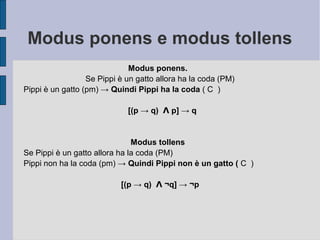 Modus ponens e modus tollens
Modus ponens.
Se Pippi è un gatto allora ha la coda (PM)
Pippi è un gatto (pm) → Quindi Pippi ha la coda ( C )
[(p → q) p] → qɅ
Modus tollens
Se Pippi è un gatto allora ha la coda (PM)
Pippi non ha la coda (pm) → Quindi Pippi non è un gatto ( C )
[(p → q) Ʌ ¬q] → ¬p
 