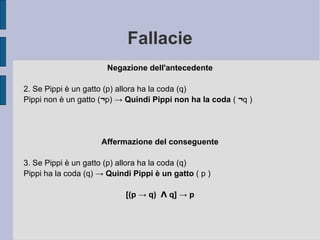 Fallacie
Negazione dell'antecedente
2. Se Pippi è un gatto (p) allora ha la coda (q)
Pippi non è un gatto (¬p) → Quindi Pippi non ha la coda ( ¬q )
Affermazione del conseguente
3. Se Pippi è un gatto (p) allora ha la coda (q)
Pippi ha la coda (q) → Quindi Pippi è un gatto ( p )
[(p → q) q] → pɅ
 