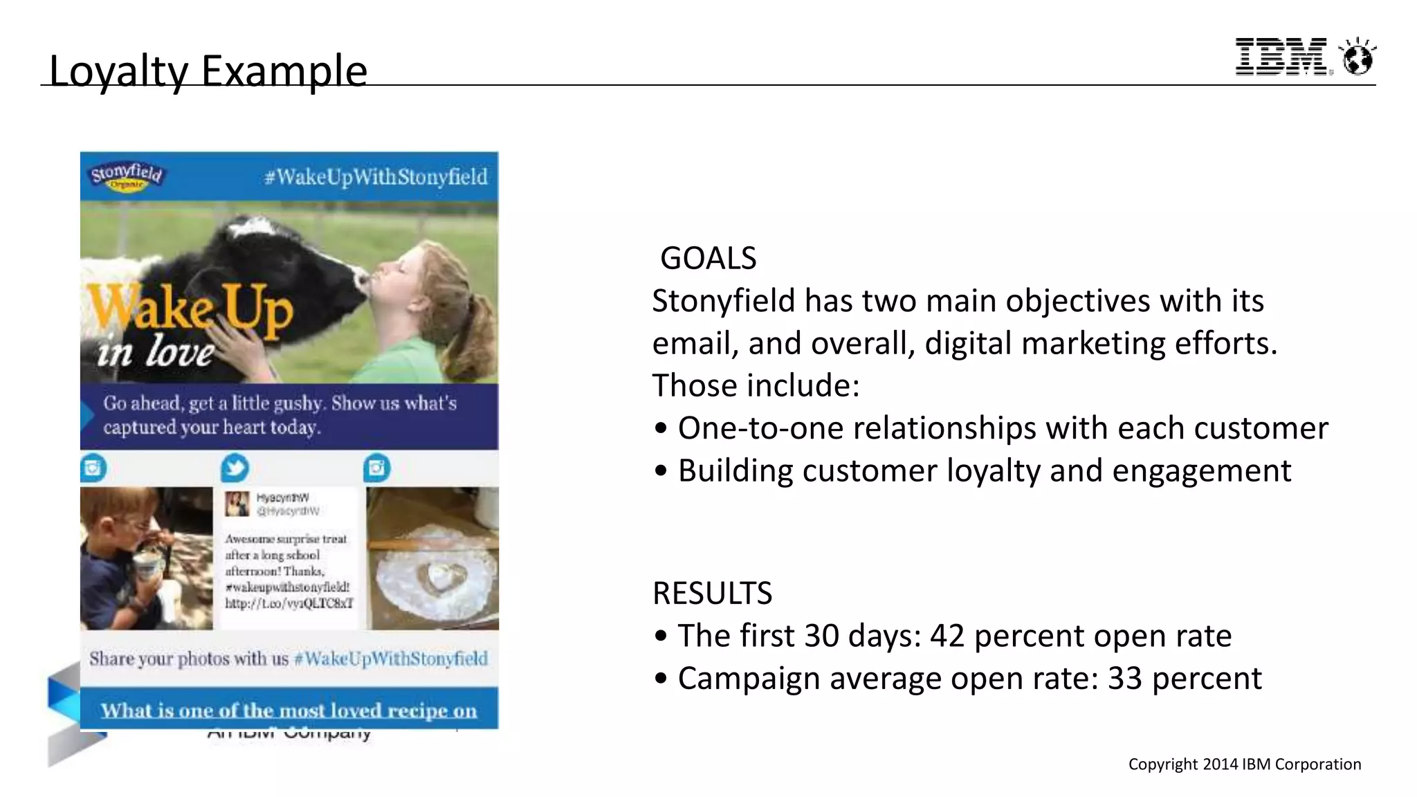Copyright 2014 IBM Corporation
Loyalty Example
GOALS
Stonyfield has two main objectives with its
email, and overall, digital marketing efforts.
Those include:
• One-to-one relationships with each customer
• Building customer loyalty and engagement
RESULTS
• The first 30 days: 42 percent open rate
• Campaign average open rate: 33 percent
 