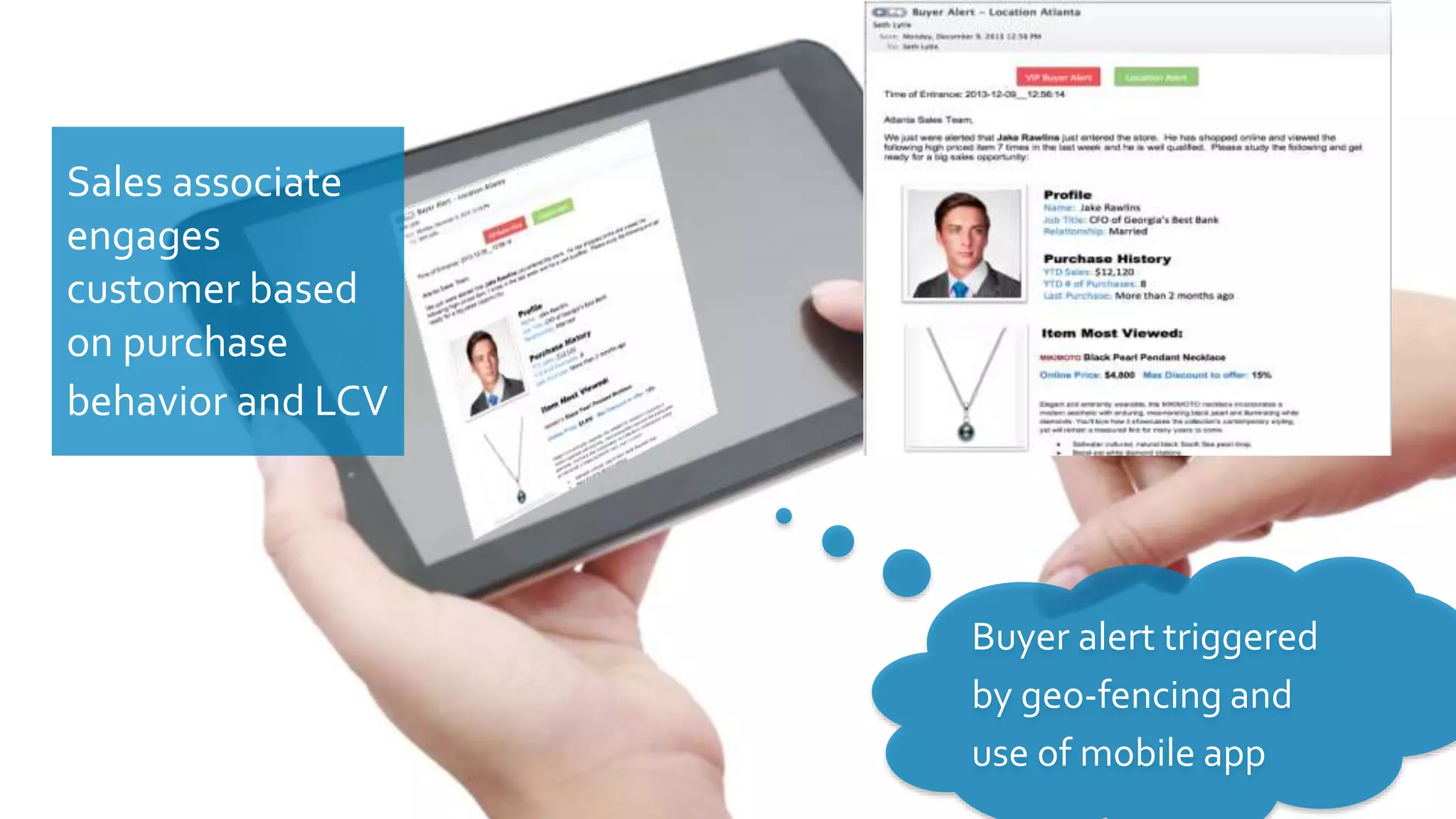 Sales associate
engages
customer based
on purchase
behavior and LCV
Buyer alert triggered
by geo-fencing and
use of mobile app
 