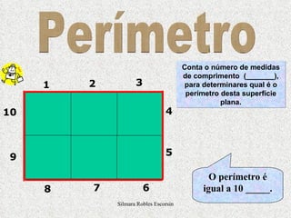 Conta o número de medidas de comprimento  (_______), para determinares qual é o perímetro desta superfície plana. Perímetro 1 2 3 4 5 6 7 8 9 10 O perímetro é igual a 10 _____. Silmara Robles Escorsin 