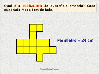 Perímetro = 24 cm Qual é a  PERÍMETRO  da superfície amarela? Cada quadrado mede 1cm de lado. Silmara Robles Escorsin 