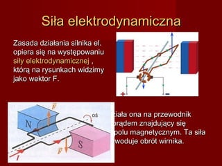 Siła elektrodynamiczna
Zasada działania silnika el.
opiera się na występowaniu
siły elektrodynamicznej ,
którą na rysunkach widzimy
jako wektor F.



                               Działa ona na przewodnik
                               z prądem znajdujący się
                               w polu magnetycznym. Ta siła
                               powoduje obrót wirnika.
 