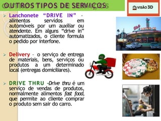 O UTROS TIPOS DE SERVIÇOS
 Lanchonete “DRIVE IN” –
alimentos servidos em
automóveis por um auxiliar ou
atendente. Em alguns “drive in”
automatizados, o cliente formula
o pedido por interfone.
 Delivery – o serviço de entrega
de materiais, bens, serviços ou
produtos a um determinado
local (entregas domiciliares).
 DRIVE THRU -Drive thru é um
serviço de vendas de produtos,
normalmente alimentos fast food,
que permite ao cliente comprar
o produto sem sair do carro.
 