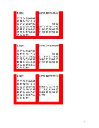 4 Jogo Como desmembrar
00 02 04 05 06 07
10 12 14 15 16 17
20 21 24 25 27 9
2 68 9
6
30 32 33 35 36 38 70 71 74 75 77 79
40 2 3 5 6 8
4 4 4 4 4 81 2 3 6 8 9
8 8 8 8 8
51 53 54 7 8 9
5 5 5 91 93 94 97 98 99
61 2 3 6
6 6 6
5 Jogo Como Desmembrar
00 01 04 05 07 09
10 11 14 15 17 9
1 66 8
6
21 3 4 7 8 9
2 2 2 2 2 71 3 4 7 8 9
7 7 7 7 7
30 32 34 35 36 37 80 82 83 85 86 88
40 42 44 45 46 47 91 92 93 96 98 99
51 52 53 56 58 59
60 62 63 65
6 J go
o Co o es e b r
m d m m ra
00 01 02 05 06 09
10 11 12 15 16 19
20 23 24 25 27 28 68 69 70 73 74 75
32 33 34 36 37 38 77 78 80 81 83 85
42 43 44 46 47 48 88 9 1 2 4 6
8 9 9 9 9
51 52 54 56 57 9
5 97 9
9
60 61 63 65
19
 