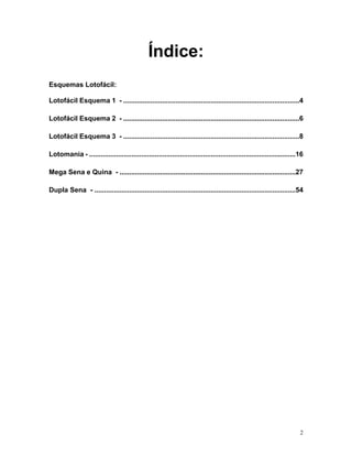 Índice:
Esquemas Lotofácil:
Lotofácil Esquema 1 - ...........................................................................................4
otofácil Esquema 2 - ...........................................................................................6
otofácil Esquema 3 - ...........................................................................................8
otomania - ...........................................................................................................16
ega Sena e Quina - ...........................................................................................27
Dupla Sena - ........................................................................................................54
L
L
L
M
2
 