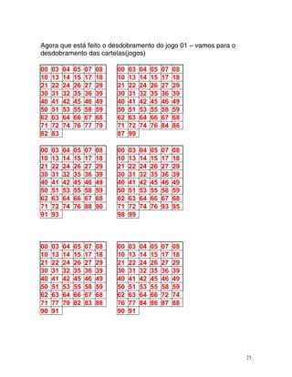 Agora que está feito o des b t g 1 – vamos para o
te
do ramen o do jo o 0
desdobramento das car las(jogos)
00 03 04 05 07 08 00 03 04 05 07 08
10 13 14 15 17 18 10 13 14 15 17 18
21 22 24 26 27 29 21 22 24 26 27 29
30 31 32 5 6 9 2 5 6 9
3 3 3 30 31 3 3 3 3
40 41 42 45 46 49 40 41 42 45 46 49
50 51 53 55 58 59 50 51 53 55 58 59
62 3 4 6 7 8 2 3 4 6 7 8
6 6 6 6 6 6 6 6 6 6 6
71 72 74 76 77 79 71 72 74 76 84 86
82 83 87 99
00 03 04 05 07 08 00 03 04 05 07 08
10 13 14 15 17 18 10 13 14 15 17 18
21 22 24 26 27 29 21 22 24 26 27 29
30 31 32 35 36 39 30 31 32 35 36 39
40 41 42 45 46 49 40 41 42 45 46 49
50 51 53 5 8 9 3 5 8 9
5 5 5 50 51 5 5 5 5
62 63 64 66 67 68 62 63 64 66 67 68
71 72 74 76 88 90 71 72 74 76 93 95
91 93 98 99
00 03 04 05 07 08 00 03 04 05 07 08
10 13 14 15 17 18 10 13 14 15 17 18
21 22 24 26 27 29 21 22 24 26 27 29
30 31 32 35 36 39 30 31 32 35 36 39
40 41 42 45 46 49 40 41 42 45 46 49
50 51 53 55 58 59 50 51 53 55 58 59
62 63 64 6 7 8 4 6 2 4
6 6 6 62 63 6 6 7 7
71 7 9 2 3 8 6 7 4 6 7 8
7 7 8 8 8 7 7 8 8 8 8
90 91 90 91
23
 