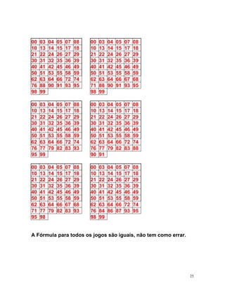 00 03 04 05 07 08 00 03 04 05 07 08
10 13 14 15 17 18 10 13 14 15 17 18
21 22 24 26 27 29 21 22 24 26 27 29
30 31 32 5 6 9 2 5 6 9
3 3 3 30 31 3 3 3 3
40 1 2 5 6 9 0 1 2 5 6 9
4 4 4 4 4 4 4 4 4 4 4
50 51 53 55 58 59 50 51 53 55 58 59
62 63 64 66 72 74 62 63 64 66 67 68
76 88 90 91 93 95 71 88 90 91 93 95
98 99 98 99
00 03 04 05 07 08 00 03 04 05 07 08
10 13 14 15 17 18 10 13 14 15 17 18
21 22 24 26 27 29 21 22 24 26 27 29
30 31 32 5 6 9 2 5 6 9
3 3 3 30 31 3 3 3 3
40 41 42 45 46 49 40 41 42 45 46 49
50 51 53 55 58 59 50 51 53 55 58 59
62 63 64 66 72 74 62 63 64 66 72 74
76 77 79 82 83 93 76 77 79 82 83 88
95 99 90 91
00 03 04 05 07 08 00 03 04 05 07 08
10 13 14 15 17 18 10 13 14 15 17 18
21 22 24 26 27 29 21 22 24 26 27 29
30 31 32 35 36 39 30 31 32 35 36 39
40 41 42 45 46 49 40 41 42 45 46 49
50 51 53 55 58 59 50 51 53 55 58 59
62 63 64 66 67 68 62 63 64 66 72 74
71 77 79 82 83 93 76 84 86 87 93 95
95 98 98 99
A Fórmula para todos os jogos são iguais, não tem como errar.
25
 